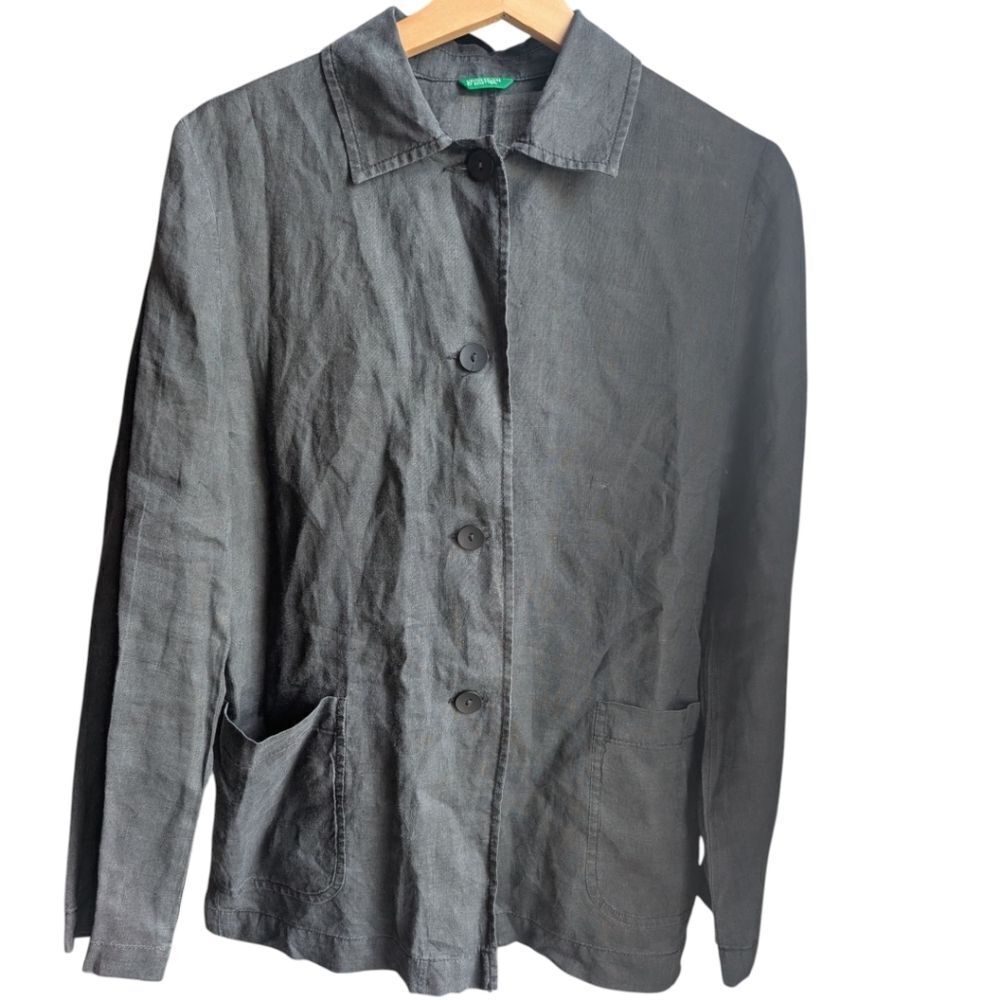 United Colors of Benetton 💯 Linen Black Minimalist Utility Chore Shacket Sz M